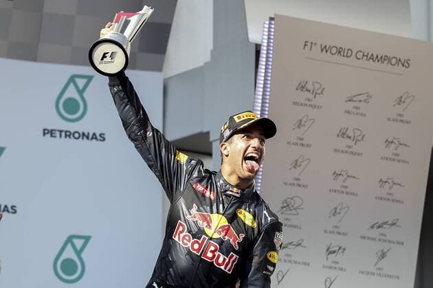 02 October 2016: Daniel Ricciardo of Red Bull Racing celebrate on the podium after winning the race of the Formula 1 Petronas Malaysia Grand Prix held at Sepang International Circuit in Sepang, Malaysia.(Photo by Hazrin Yeob Men Shah Icon Sportswire) AUTO: OCT 02 Formula 1 - Malaysia Grand Prix Icon3781610028091 EDITORIAL USE ONLY