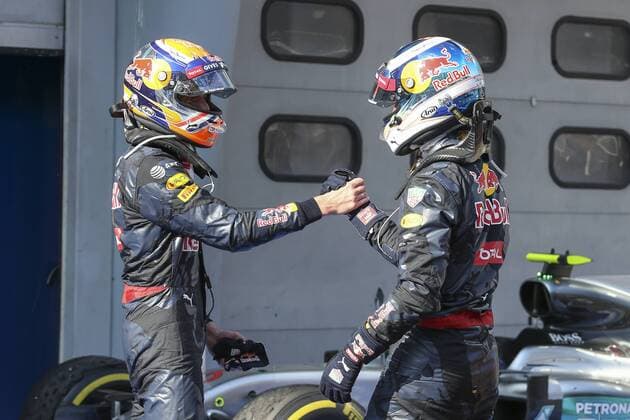 02 October 2016: Daniel Ricciardo of Red Bull Racing celebrate with Max Verstappen of Red Bull Racing at the parc ferme after the completion of the Formula 1 Petronas Malaysia Grand Prix held at Sepang International Circuit in Sepang, Malaysia.(Photo by Hazrin Yeob Men Shah Icon Sportswire) AUTO: OCT 02 Formula 1 - Malaysia Grand Prix Icon3781610028095 EDITORIAL USE ONLY