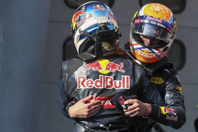 02 October 2016: Daniel Ricciardo of Red Bull Racing celebrate with Max Verstappen of Red Bull Racing at the parc ferme after the completion of the Formula 1 Petronas Malaysia Grand Prix held at Sepang International Circuit in Sepang, Malaysia.(Photo by Hazrin Yeob Men Shah Icon Sportswire) AUTO: OCT 02 Formula 1 - Malaysia Grand Prix Icon3781610028096 EDITORIAL USE ONLY