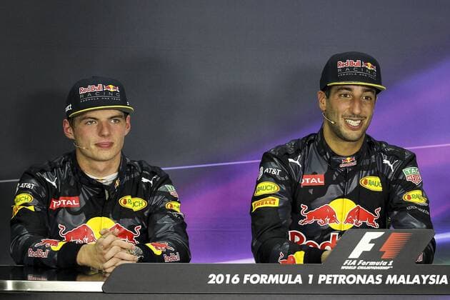 02 October 2016: Daniel Ricciardo of Red Bull Racing with Max Verstappen of Red Bull Racing at the post race press conference PK Pressekonferenz after the completion of the race of the Formula 1 Petronas Malaysia Grand Prix held at Sepang International Circuit in Sepang, Malaysia. (Photo by Hazrin Yeob Men Shah Icon Sportswire) AUTO: OCT 02 Formula 1 - Malaysia Grand Prix Icon3781610028097 EDITORIAL USE ONLY