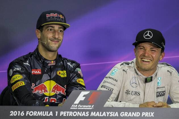 02 October 2016: Daniel Ricciardo of Red Bull Racing with Nico Rosberg of Mercedes AMG Petronas F1 Team at the post race press conference PK Pressekonferenz after the completion of the race of the Formula 1 Petronas Malaysia Grand Prix held at Sepang International Circuit in Sepang, Malaysia. (Photo by Hazrin Yeob Men Shah Icon Sportswire) AUTO: OCT 02 Formula 1 - Malaysia Grand Prix Icon3781610028108 EDITORIAL USE ONLY