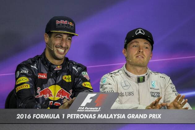 02 October 2016: Daniel Ricciardo of Red Bull Racing with Nico Rosberg of Mercedes AMG Petronas F1 Team at the post race press conference PK Pressekonferenz after the completion of the race of the Formula 1 Petronas Malaysia Grand Prix held at Sepang International Circuit in Sepang, Malaysia. (Photo by Hazrin Yeob Men Shah Icon Sportswire) AUTO: OCT 02 Formula 1 - Malaysia Grand Prix Icon3781610028109 EDITORIAL USE ONLY