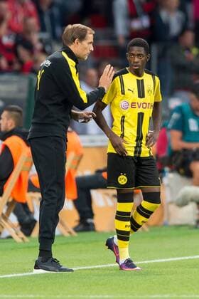 Leverkusen, Germany 01.10.2016, 1.Bundesliga 6. Spieltag, Bayer 04 Leverkusen - BV Borussia Dortmund, 2:0, Trainer Thomas Tuchel (BVB) und Ousmane Dembele (BVB) ( DeFodi001