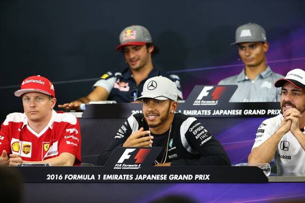 Japanese Grand Prix, Suzuka 6 - 9 October 2016 06.10.2016 - press conference PK Pressekonferenz Kimi Raikkonen (FIN) Scuderia Ferrari SF16-H, Lewis Hamilton (GBR) Mercedes AMG F1 W07 Hybrid and Fernando Alonso (ESP) McLaren Honda MP4-31 