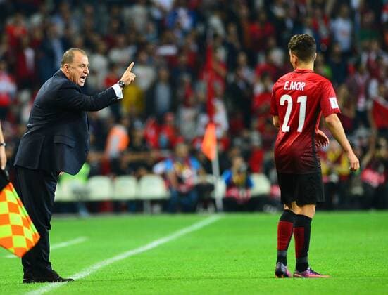 World Cup 2018 qualifier Group I football match between Turkey vs Ukraine at Torku Arena in Konya, Turkey on October 06 , 2016. Final Score : Turkey 2 - Ukraine 2 Pictured : Emre Mor and Coach Fatih Terim of Turkey. 