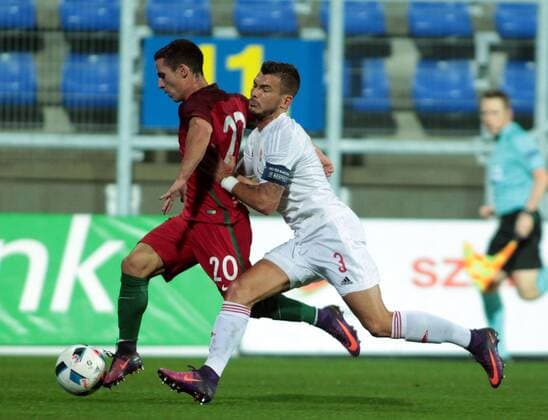 06.10.2016 Gyor-Gyirmot Hungary-Portugal UEFA Under21 European qualifiers men s football Bruno Podence(L) Portugal stopped from Szilvester Hangya (r) Hungary : 
