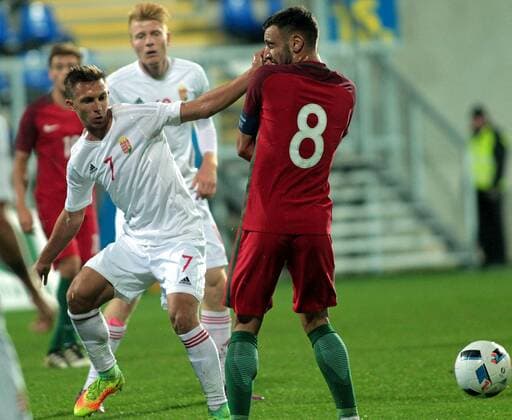 06.10.2016 Gyor-Gyirmot Hungary-Portugal UEFA Under21 European qualifiers men s football Bruno Fernandes(r) Portugal stopped from Dominik Nagy (L) Hungary : 