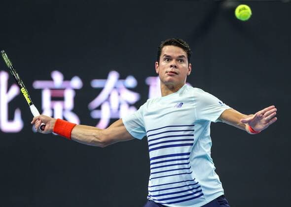 BEIJING, CHINA - OCTOBER 07: Milos Raonic of Canana returns a shot against Malek Jaziri of Tunisia during the Men s singles second round match on day seven of the 2016 China Open at the China National Tennis Centre on October 7, 2016 in Beijing, China.  CFP493436561 