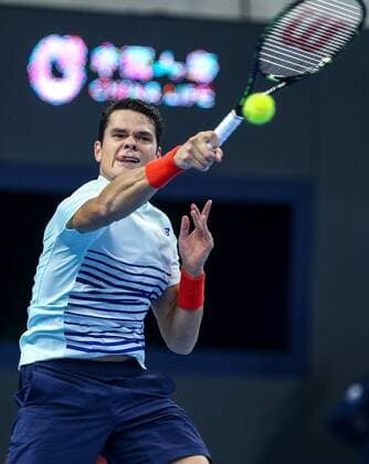BEIJING, CHINA - OCTOBER 07: Milos Raonic of Canana returns a shot against Malek Jaziri of Tunisia during the Men s singles second round match on day seven of the 2016 China Open at the China National Tennis Centre on October 7, 2016 in Beijing, China.  CFP493436564 