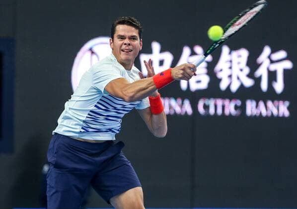 BEIJING, CHINA - OCTOBER 07: Milos Raonic of Canana returns a shot against Malek Jaziri of Tunisia during the Men s singles second round match on day seven of the 2016 China Open at the China National Tennis Centre on October 7, 2016 in Beijing, China.  CFP493436565 
