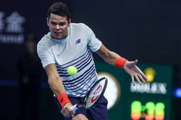 BEIJING, CHINA - OCTOBER 07: Milos Raonic of Canana returns a shot against Malek Jaziri of Tunisia during the Men s singles second round match on day seven of the 2016 China Open at the China National Tennis Centre on October 7, 2016 in Beijing, China.  CFP493436567 