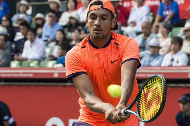 October 7, 2016 - Tokyo, Tokyo, Japan - Nick Kyrgios (AUS) returns a shot against Gilles Muller (LUX) in their men s singles quarterfinal match during the japan Open tennis at the Ariake Coliseum, Tokyo. Nick Kyrgios defeated Gilles Muller with a 2-0 World News - October 7, 2016 - ZUMAc166