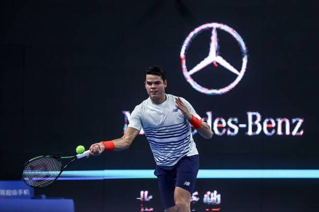 BEIJING, CHINA - OCTOBER 07: Milos Raonic of Canana returns a shot against Malek Jaziri of Tunisia during the Men s singles second round match on day seven of the 2016 China Open at the China National Tennis Centre on October 7, 2016 in Beijing, China.  CFP493436568 