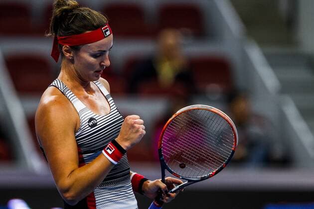 BEIJING, CHINA - OCTOBER 07: Yaroslava Shvedova of Kazakhstan celebrates a point against Alize Cornet of France during the Women s singles third round match on day seven of the 2016 China Open at the China National Tennis Centre on October 7, 2016 in Beijing, China.  CFP493438584 
