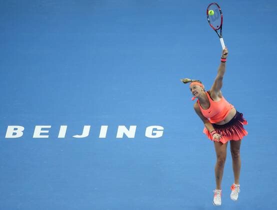 BEIJING, CHINA - OCTOBER 07: Petra Kvitova of the Czech Republic returns a shot against Madison Keys of U.S.A during the Women s singles quarterfinals match on day seven of the 2016 China Open at the China National Tennis Centre on October 7, 2016 in Beijing, China.  CFP493443723 