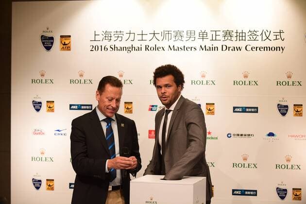 French tennis player Jo-Wilfried Tsonga, right, attends the main draw ceremony for the 2016 Shanghai Rolex Masters tennis tournament in Shanghai, China, 8 October 2016. Sports stars highlight main draw ceremony for 2016 Shanghai Rolex Masters  20161008_29079