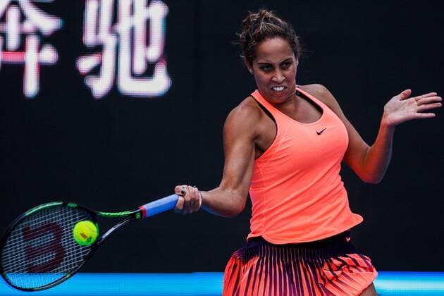 BEIJING, CHINA - OCTOBER 08: Madison Keys of the United States returns a shot during the Women s singles semifinals against Johanna Konta of Great Britain on day eight of the 2016 China Open at the China National Tennis Centre on October 8, 2016 in Beijing, China.  CFP493487666 