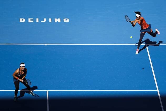 BEIJING, CHINA - OCTOBER 08: Hao-Ching Chan and Yung-Jan Chan of Chinese Taipei in action during the Women s doubles semifinals against Caroline Garcia and Kristina Mladenovic of France on day eight of the 2016 China Open at the China National Tennis Centre on October 8, 2016 in Beijing, China.  CFP493487115 