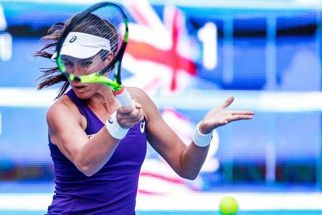 BEIJING, CHINA - OCTOBER 08: Johanna Konta of Great Britain returns a shot during the Women s singles semifinals against Madison Keys of the United States on day eight of the 2016 China Open at the China National Tennis Centre on October 8, 2016 in Beijing, China.  CFP493487675 