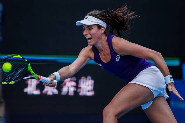 BEIJING, CHINA - OCTOBER 08: Johanna Konta of Great Britain returns a shot during the Women s singles semifinals against Madison Keys of the United States on day eight of the 2016 China Open at the China National Tennis Centre on October 8, 2016 in Beijing, China.  CFP493487672 