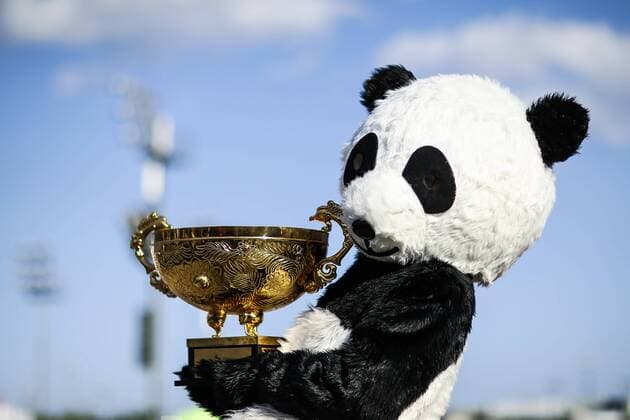 BEIJING, CHINA - OCTOBER 08: A staff dressed in panda costume carries the champion trophy of the 2016 China Open at the China National Tennis Centre on October 8, 2016 in Beijing, China.  CFP493493610 
