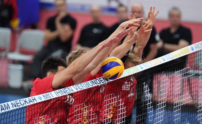 Volleyball 1. Bundesliga Saison 2016 2017 Testspiel TV Rottenburg - TV Ingersoll Buehl 08.10.2016 Block TV Rottenburg 
