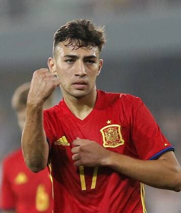Forward of the Spanish U-21 national soccer team Munir El Haddadi Mohamed celebrates a goal against Estonia during the qualifying match for the 2017 UEFA European Under-21 Championship held at the Pasaron stadium in Pontevedra, Spain, on 10 October 2016. SPAIN VS ESTONIA !ACHTUNG: NUR REDAKTIONELLE NUTZUNG!  20161010-636117289281010689