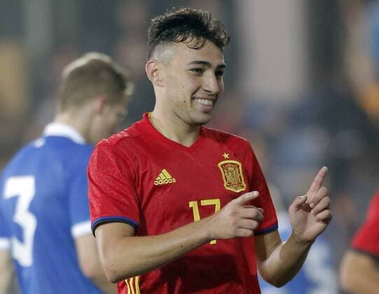 Forward of the Spanish U-21 national soccer team Munir El Haddadi Mohamed celebrates a goal against Estonia during the qualifying match for the 2017 UEFA European Under-21 Championship held at the Pasaron stadium in Pontevedra, Spain, on 10 October 2016. SPAIN VS ESTONIA !ACHTUNG: NUR REDAKTIONELLE NUTZUNG!  20161010-636117289903598707