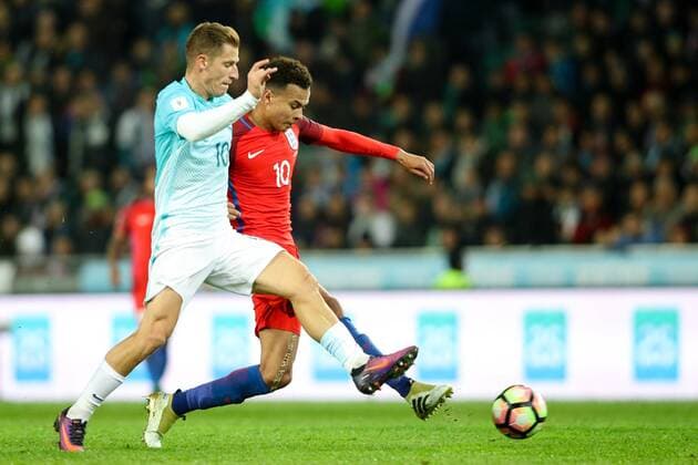 SOCCER - FIFA World Cup WM Weltmeisterschaft Fussball 2018 quali, SLO vs ENG LJUBLJANA,SLOVENIA,11.OCT.16 - SOCCER - FIFA World Cup 2018, european qualifiers, international match Länderspiel Slovenia vs England. Image shows Valter Birsa (SLO) and Dele Alli (ENG). GEPAxpictures xMaticxKlansek