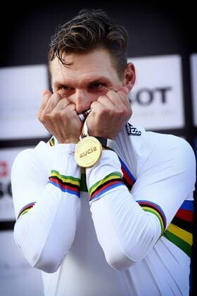 German Tony Martin of team Etixx - Quick-Step celebrates on the podium after winning the men elite individual time trial at the 2016 UCI World Road World Cycling Championships in Doha, Qatar, Wednesday 12 October 2016. YORICKxJANSENS  x04954666x