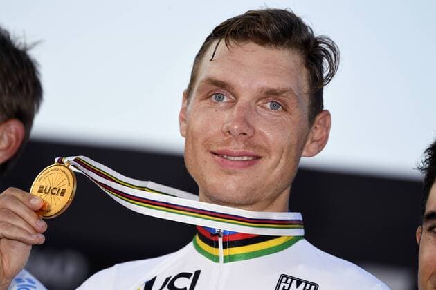 German Tony Martin of team Etixx - Quick-Step celebrates on the podium with the gold medal after winning the men elite individual time trial at the 2016 UCI World Road World Cycling Championships in Doha, Qatar, Wednesday 12 October 2016. YORICKxJANSENS  x04954689x