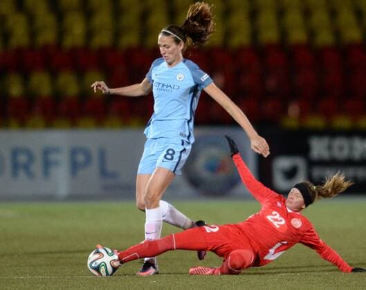 PERM, RUSSIA â€“ OCTOBER 12, 2016: Manchester City s Jill Scott (L) and Zvezda 2005 Perm s Alyona Nurgaliyeva fight for the ball in the second leg of their 2016 17 Season UEFA Women s Champions League Round of 32 football match at Zvezda Stadium. FC Manchester City won the game 4-0. Donat Sorokin TASS  TS034506