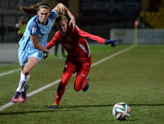 PERM, RUSSIA â€“ OCTOBER 12, 2016: Manchester City s Jill Scott (L) and Zvezda 2005 Perm s Anastasia Akimova fight for the ball in the second leg of their 2016 17 Season UEFA Women s Champions League Round of 32 football match at Zvezda Stadium. FC Manchester City won the game 4-0. Donat Sorokin TASS  TS034508