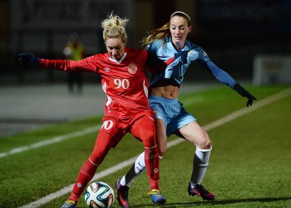 PERM, RUSSIA â€“ OCTOBER 12, 2016: Manchester City s Jill Scott (R) and Zvezda 2005 Perm s Anastasia Akimova fight for the ball in the second leg of their 2016 17 Season UEFA Women s Champions League Round of 32 football match at Zvezda Stadium. FC Manchester City won the game 4-0. Donat Sorokin TASS  TS034509