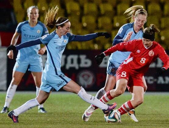 PERM, RUSSIA â€“ OCTOBER 12, 2016: Manchester City s Jill Scott and Zvezda 2005 Perm s Anastasia Pozdeyeva (L-R front) fight for the ball in the second leg of their 2016 17 Season UEFA Women s Champions League Round of 32 football match at Zvezda Stadium. FC Manchester City won the game 4-0. Donat Sorokin TASS  TS03450E