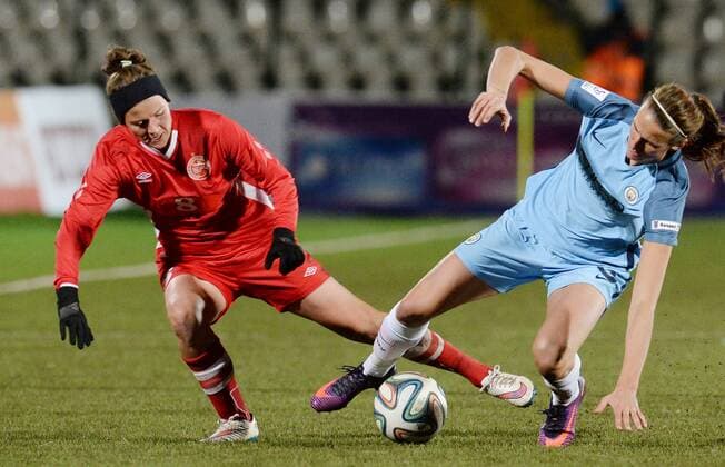 PERM, RUSSIA â€“ OCTOBER 12, 2016: Manchester City s Jill Scott (R) and Zvezda 2005 Perm s Anastasia Pozdeyeva fight for the ball in the second leg of their 2016 17 Season UEFA Women s Champions League Round of 32 football match at Zvezda Stadium. FC Manchester City won the game 4-0. Donat Sorokin TASS  TS03450F