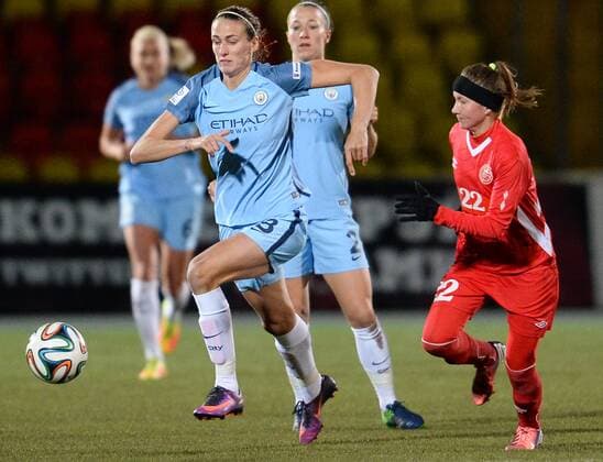 PERM, RUSSIA â€“ OCTOBER 12, 2016: Manchester City s Jill Scott and Zvezda 2005 Perm s Alyona Nurgaliyeva (L-R front) fight for the ball in the second leg of their 2016 17 Season UEFA Women s Champions League Round of 32 football match at Zvezda Stadium. FC Manchester City won the game 4-0. DonatxSorokin TASS  X0000C8E