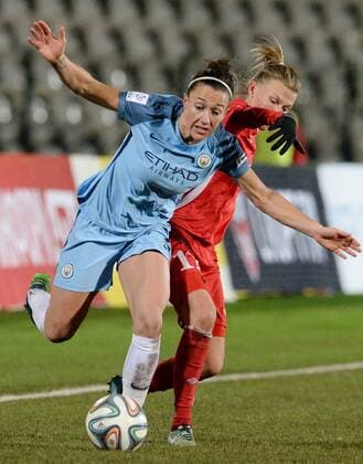 PERM, RUSSIA â€“ OCTOBER 12, 2016: Manchester City s Jill Scott (L) and Zvezda 2005 Perm s Yekaterina Pantyukhina fight for the ball in the second leg of their 2016 17 Season UEFA Women s Champions League Round of 32 football match at Zvezda Stadium. FC Manchester City won the game 4-0. Donat Sorokin TASS  TS034519