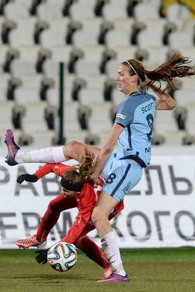 PERM, RUSSIA â€“ OCTOBER 12, 2016: Manchester City s Jill Scott (R) and Zvezda 2005 Perm s Alyona Nurgaliyeva fight for the ball in the second leg of their 2016 17 Season UEFA Women s Champions League Round of 32 football match at Zvezda Stadium. FC Manchester City won the game 4-0. Donat Sorokin TASS  TS034521