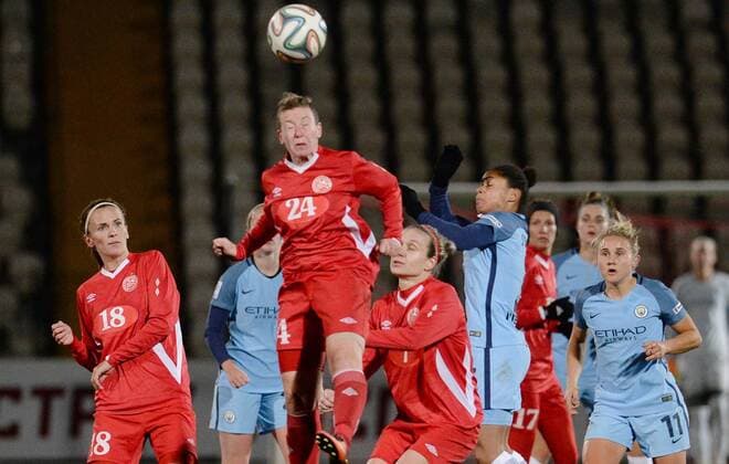 PERM, RUSSIA â€“ OCTOBER 12, 2016: Zvezda 2005 Perm s Darya Makarenko, Lyubov Kipyatkova (L-R red) and Manchester City s Isobel Christiansen (R) in action in the second leg of their 2016 17 Season UEFA Women s Champions League Round of 32 football match at Zvezda Stadium. FC Manchester City won the game 4-0. Donat Sorokin TASS  TS034527