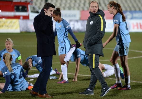 PERM, RUSSIA â€“ OCTOBER 12, 2016: Manchester City s manager Nick Cushing (2nd R) in the second leg of their 2016 17 Season UEFA Women s Champions League Round of 32 football match against Zvezda 2005 Perm at Zvezda Stadium. FC Manchester City won the game 4-0. Donat Sorokin TASS  TS03452C