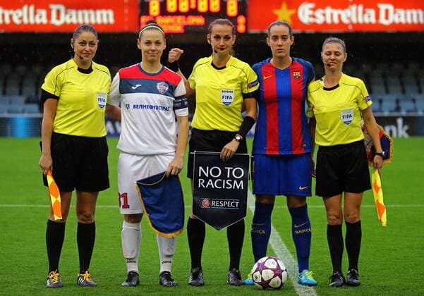 October 12, 2016 - Barcelona, Spain - Anna Pilipenko, Maria Unzue, and the referee Dimitrina Milkova during the womens Champions league match between F.C. Barcelona v F.C. Minsk, in Barcelona, on October 12, 2016. Photo: Urbanandsport Nurphoto FC Bacelona v FC Minsk - Women Champions League  - ZUMAn230