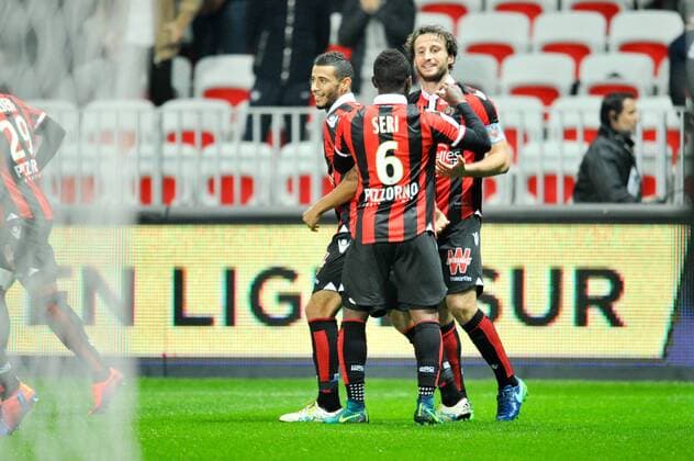Fußball, OGC Nizza - Olympique Lyon 04 PAUL BAYSSE (nice) - 05 Younes BELHANDA (nice) - Jubel FOOTBALL : Nice vs Lyon - Ligue 1 - 14 10 2016 FEP 