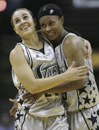 SPTS Silver Stars Becky Hammon and Vickie Johnson celebrate after defeating the Sacramento Monarchs in game three of their WNBA Basketball Damen USA Western Semifinals at the at&t center, Monday Sept 22,2008.Stars 86-81. DELCIA LOPEZ STAFF delopez@express-news.net Texas News - September 22, 2008 - ZUMAa27_
