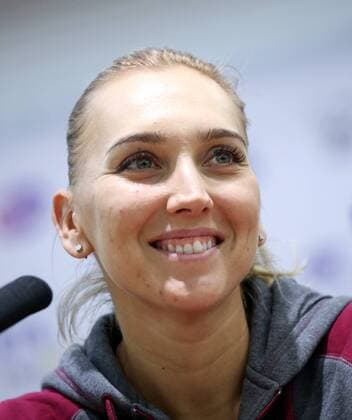 MOSCOW, RUSSIA - OCTOBER 15, 2016: Russian tennis player Elena Vesnina smiles during a press conference PK Pressekonferenz at the 2016 VTB Kremlin Cup International Tennis Tournament at the Olympic Stadium. Anton Novoderezhkin TASS  TS034945