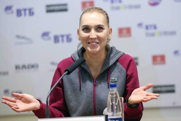 MOSCOW, RUSSIA - OCTOBER 15, 2016: Russian tennis player Elena Vesnina speaks during a press conference PK Pressekonferenz at the 2016 VTB Kremlin Cup International Tennis Tournament at the Olympic Stadium. Anton Novoderezhkin TASS  TS034948
