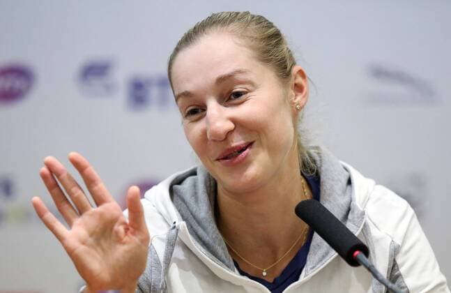 MOSCOW, RUSSIA - OCTOBER 15, 2016: Russian tennis player Ekaterina Makarova gives a press conference PK Pressekonferenz at the 2016 VTB Kremlin Cup International Tennis Tournament, at the Olympic Stadium. Anton Novoderezhkin TASS  TS034949