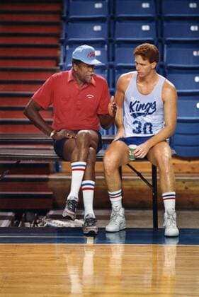 Sept. 26, 2008 - Sacramento Kings coach Bill Russell talks with Johnny Rodgers on the sidelines of a Kings practice in 1987. Rodgers who played for the Kings in 1986-1987 would be cut from the team during the 1987-88 training camp.. photograph.. Here We Stayed ..Kings coach. Sacramento California News - Sept. 26, 2008 - ZUMAs76_