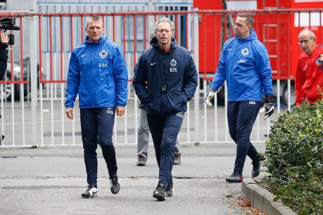 Club s assistant coach Stephan Van der Heyden and Club s head coach Michel Preud homme arrive for a training session of Belgian first division soccer team Club Brugge KV in Brugge, Monday 17 October 2016. Brugge is preparing for the third game in the UEFA Champions League competition against Portugese club Porto tomorrow. BRUNOxFAHY  x04958900x
