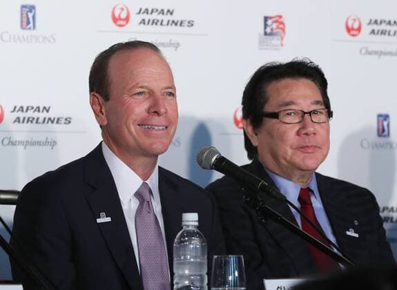 October 18, 2016, Tokyo, Japan - PGA Golf Herren TOUR Champions president Greg McLaughlin and Japan Airlines president Yoshiharu Ueki announce a PGA TOUR tournament will be held in Japan next year at a press conference PK Pressekonferenz in Tokyo on Tuesday, October 18, 2016. The Japan Airlines championship, the first ever PGA TOUR sanctioned event to be played in JApan will be held at the Narita Golf Club, suburban Tokyo in September 2017. Noxthirdxpartyxsales  (lwxa005465)